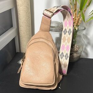 Wonderly taupe sling body bag  with Patterned Strap
